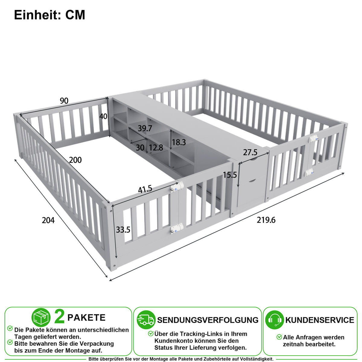 KINDERBETT 90/200 cm & 90/200 cm in Grau mit 2 Schubladen und Regal - Grau, Holz/Holzwerkstoff (90/200cm) - CHICFURN