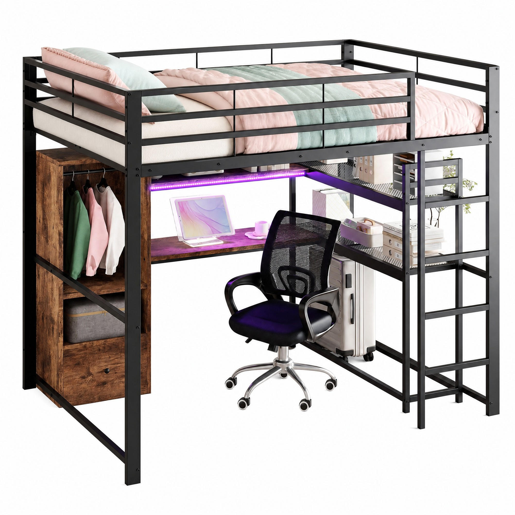 HOCHBETT 140/200 mit LED, Schreibtisch und Schublade in Schwarz - Schwarz, Holz/Holzwerkstoff (140/200cm) - EVRYAE