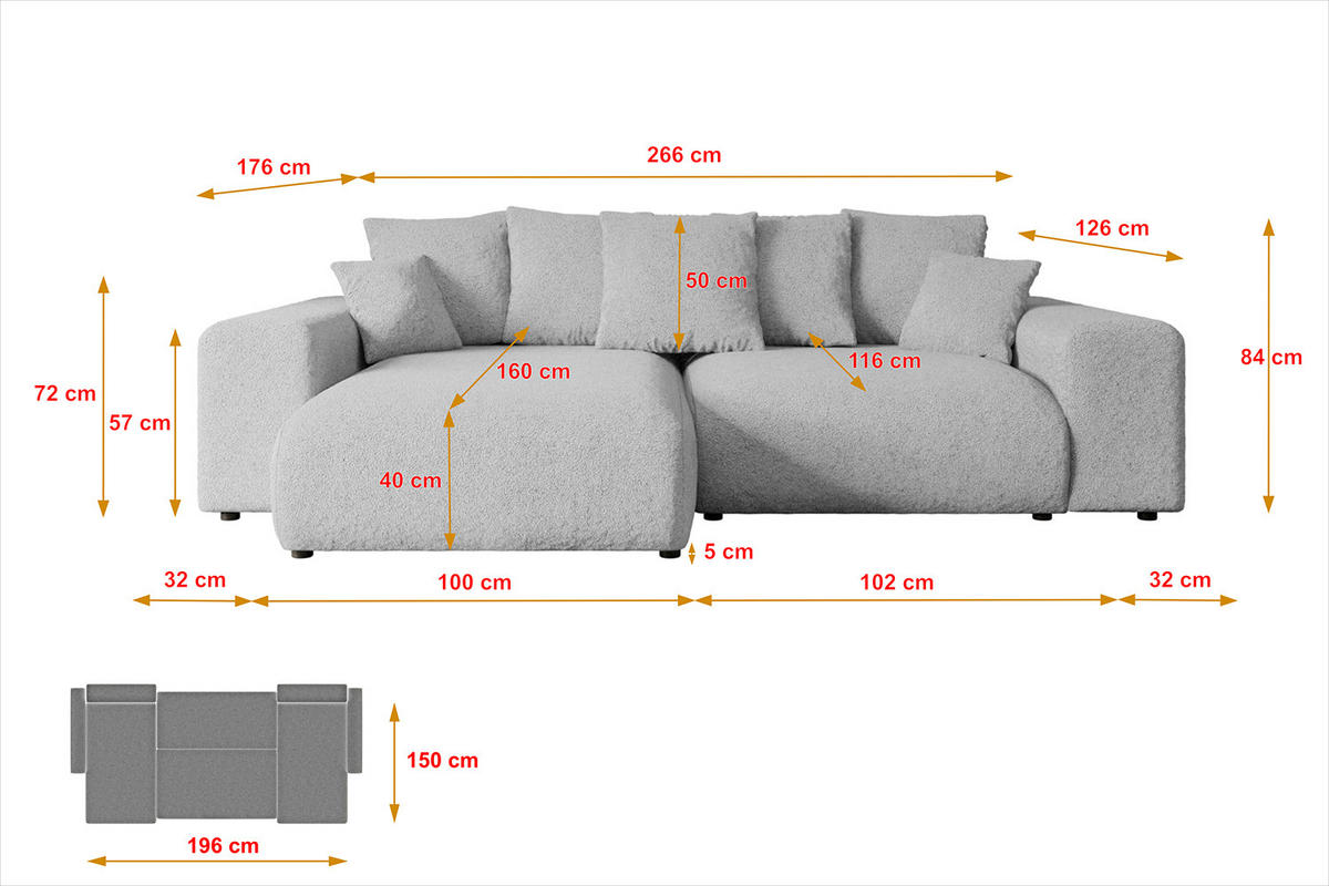 ECKSOFA Ottomane rechts ESKAR-L 266x176x84 Hellgrau Bouclé - Hellgrau/Schwarz, Holzwerkstoff/Kunststoff (176/266cm) - ALTDECOR