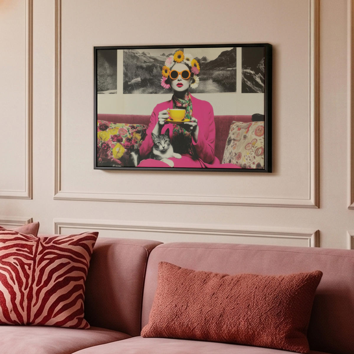LEINWAND Bilder mit Rahmen - Frau - Katze - Blumen - Tasse - Retro - 60x40 - Magenta, Textil (60/40cm) - MuchoWow