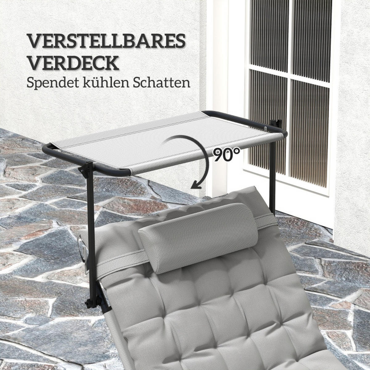 SONNENLIEGE Klappbar mit Dach Hellgrau - Grau, Metall (58/30/189cm) - ComfortXL