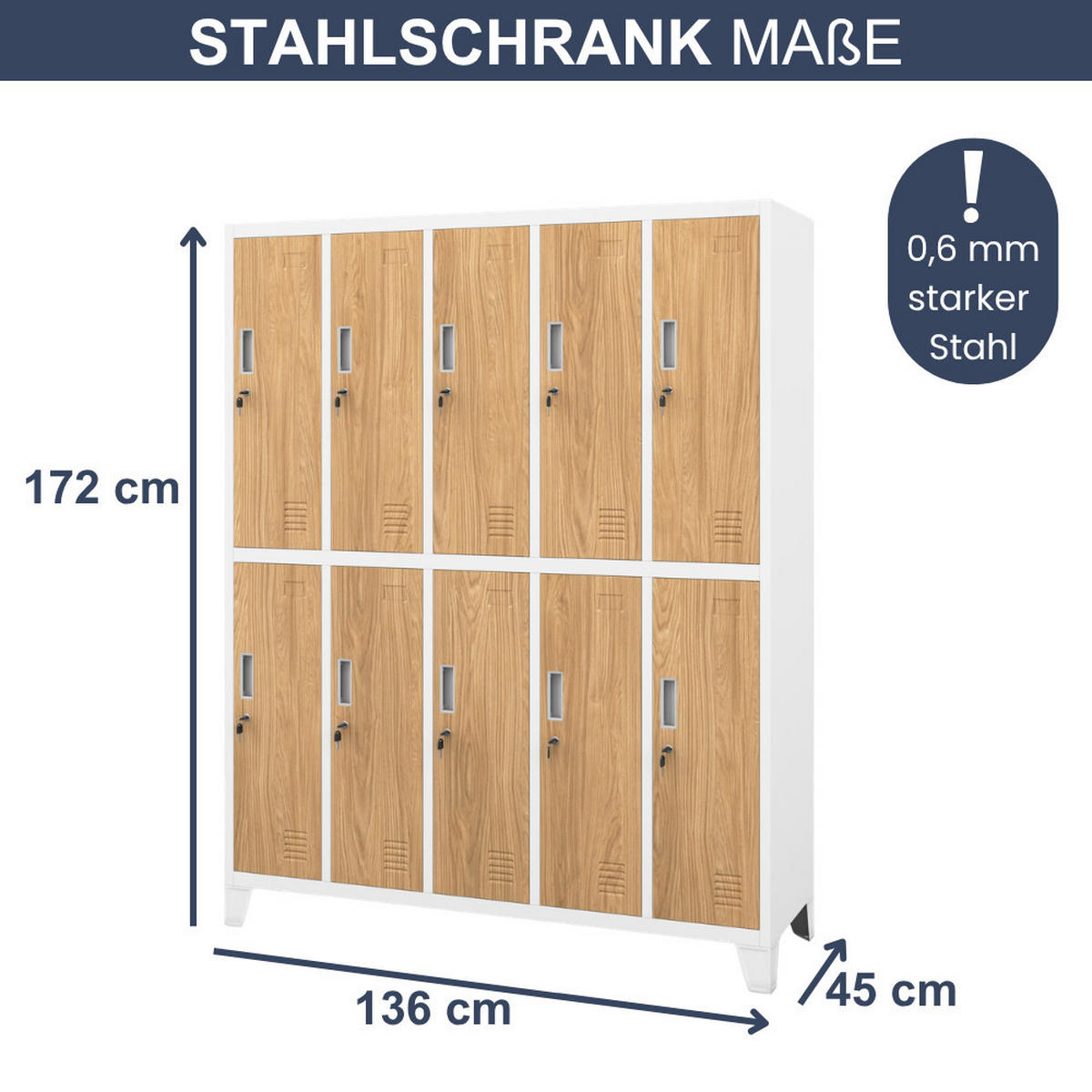 UMKLEIDESCHRANK Spind BERLIN 10 Abteile 172x136x45cm Weiß-Goldene Eiche - Weiß, Metall (136/172/45cm) - DELUKE