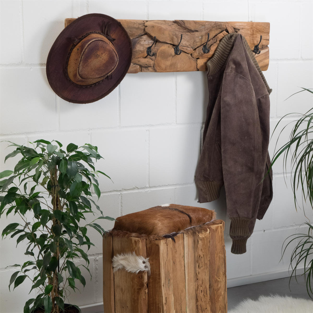 WANDGARDEROBE Mina 90 7 Haken, Treibholz, naturfarben - Naturfarben, Holz (90/20/7cm) - CREEDWOOD