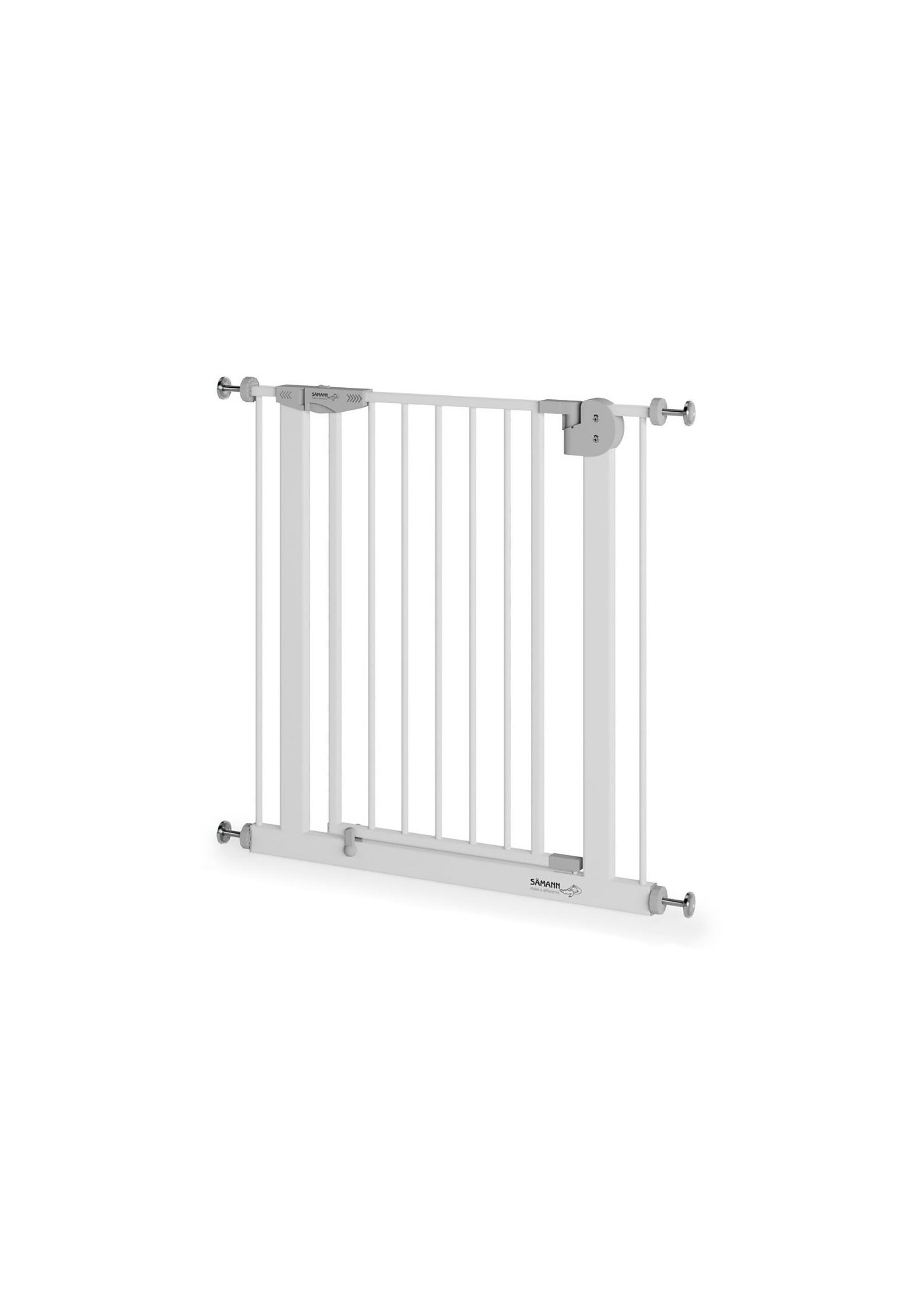 TÜRSCHUTZGITTER & Treppenschutz mit 4x Elefantenfuß, Tür mit 90° Stop, ohne Bohren 79-88 cm - Weiß, Metall (88/5cm) - Sämann – make a difference.