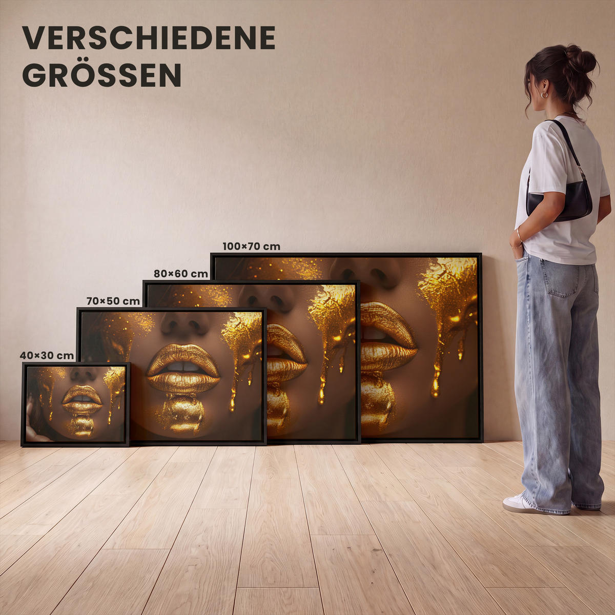 LEINWAND Bilder mit Rahmen - Frau - Gold - Luxus - Porträt - 80x60 - Goldfarben, Textil (80/60cm) - MuchoWow