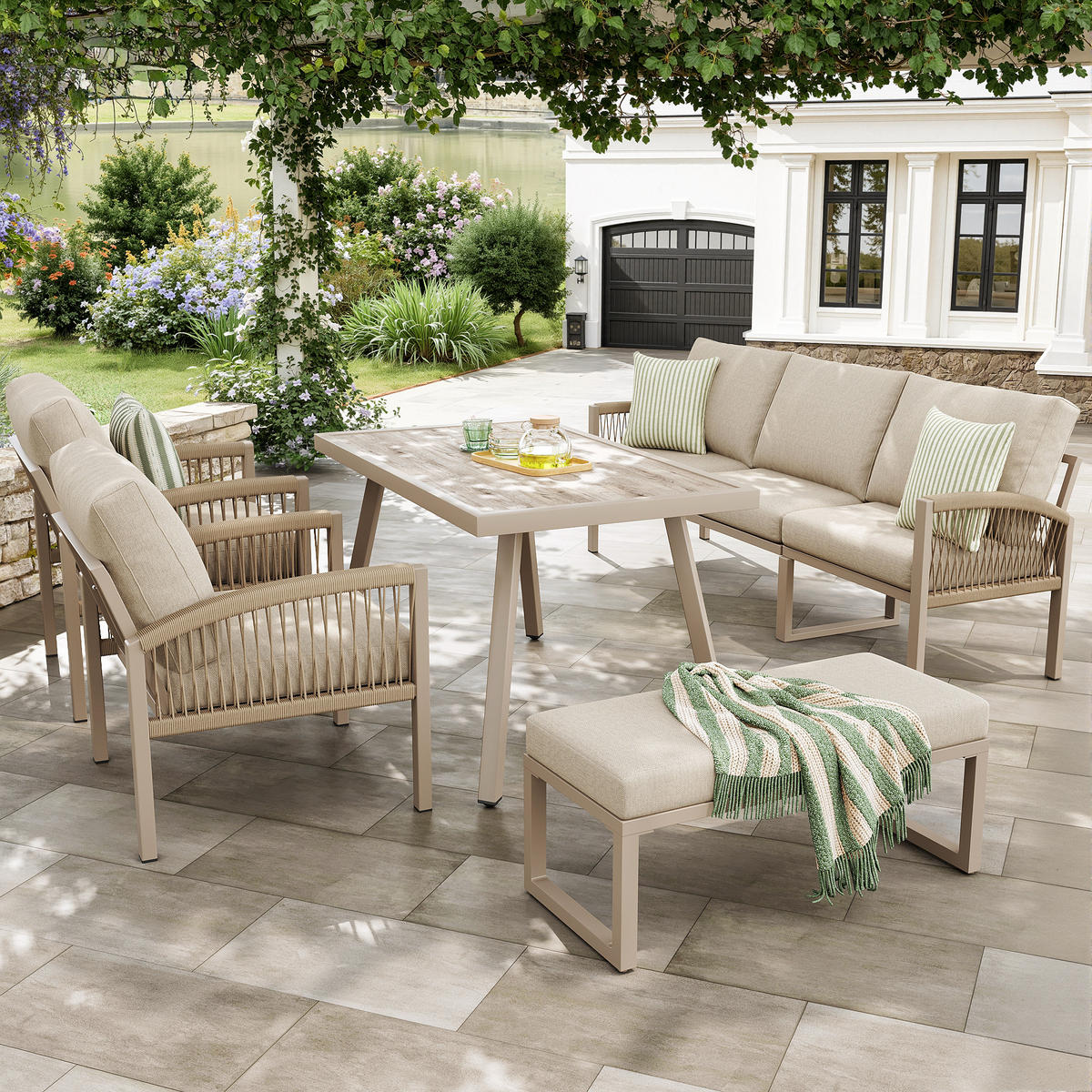 GARTENSET 7 Personen Mit Armlehnen Beige Inkl. Tisch & 2 Sesseln - Beige, Metall - FLIEKS