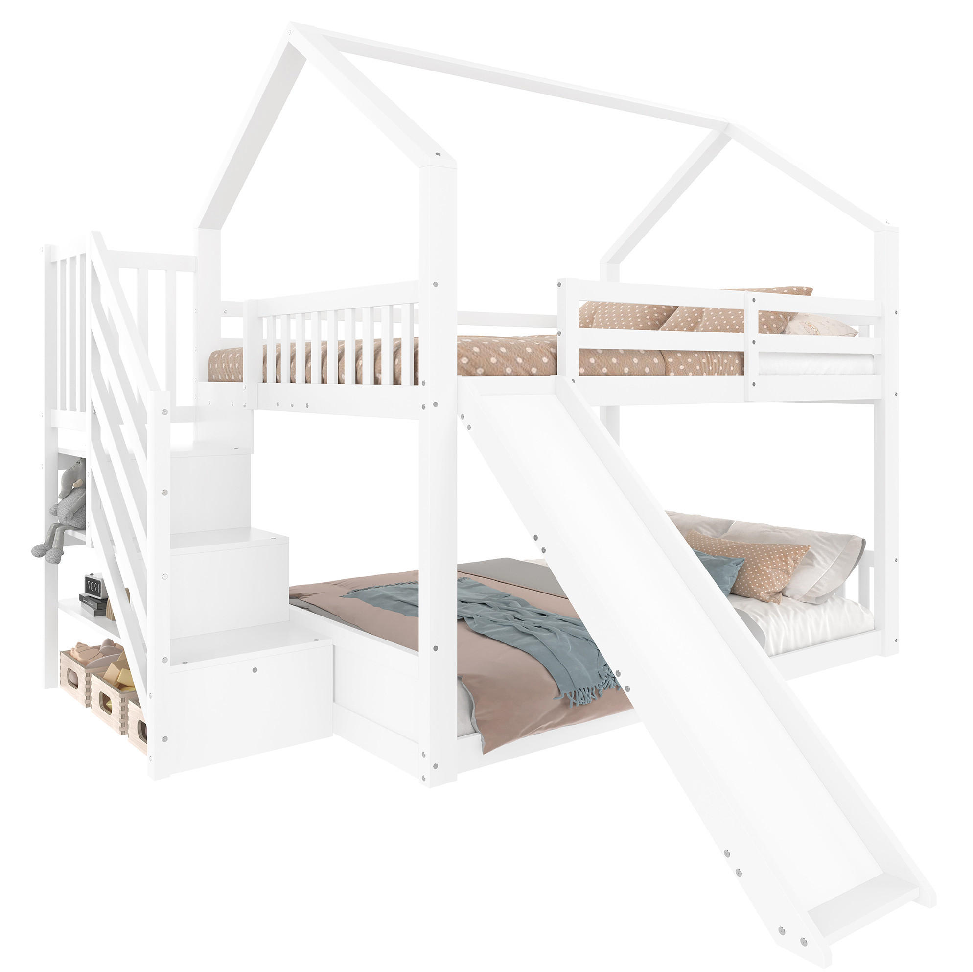 HAUSBETT 140/200 cm Weiß mit Rutsche und Stauraumtreppe - Weiß, Holz (140/200cm) - Flora Grace