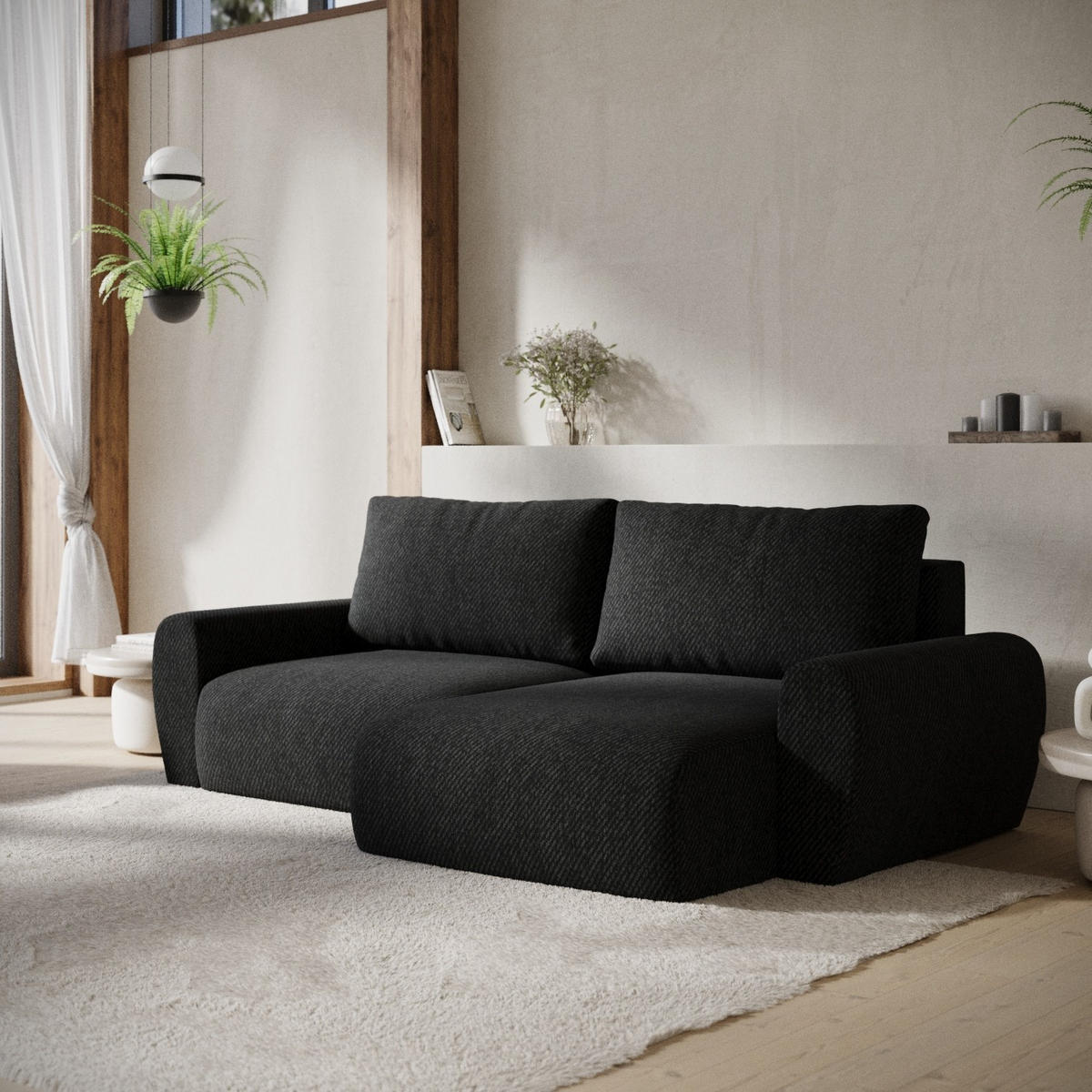 ECKSOFA OMARI mit Schlaffunktion Schwarz im Neve Stoff - Schwarz, Holz/Holzwerkstoff (253/153cm) - AltaBeds