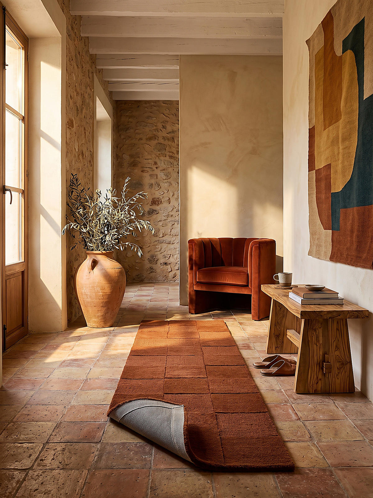LÄUFER handgetuftet DEBEN, in Terrakotta, Schachbrettmuster, 60 x 230 cm - Orange, Textil (60/230cm) - KADIMA DESIGN