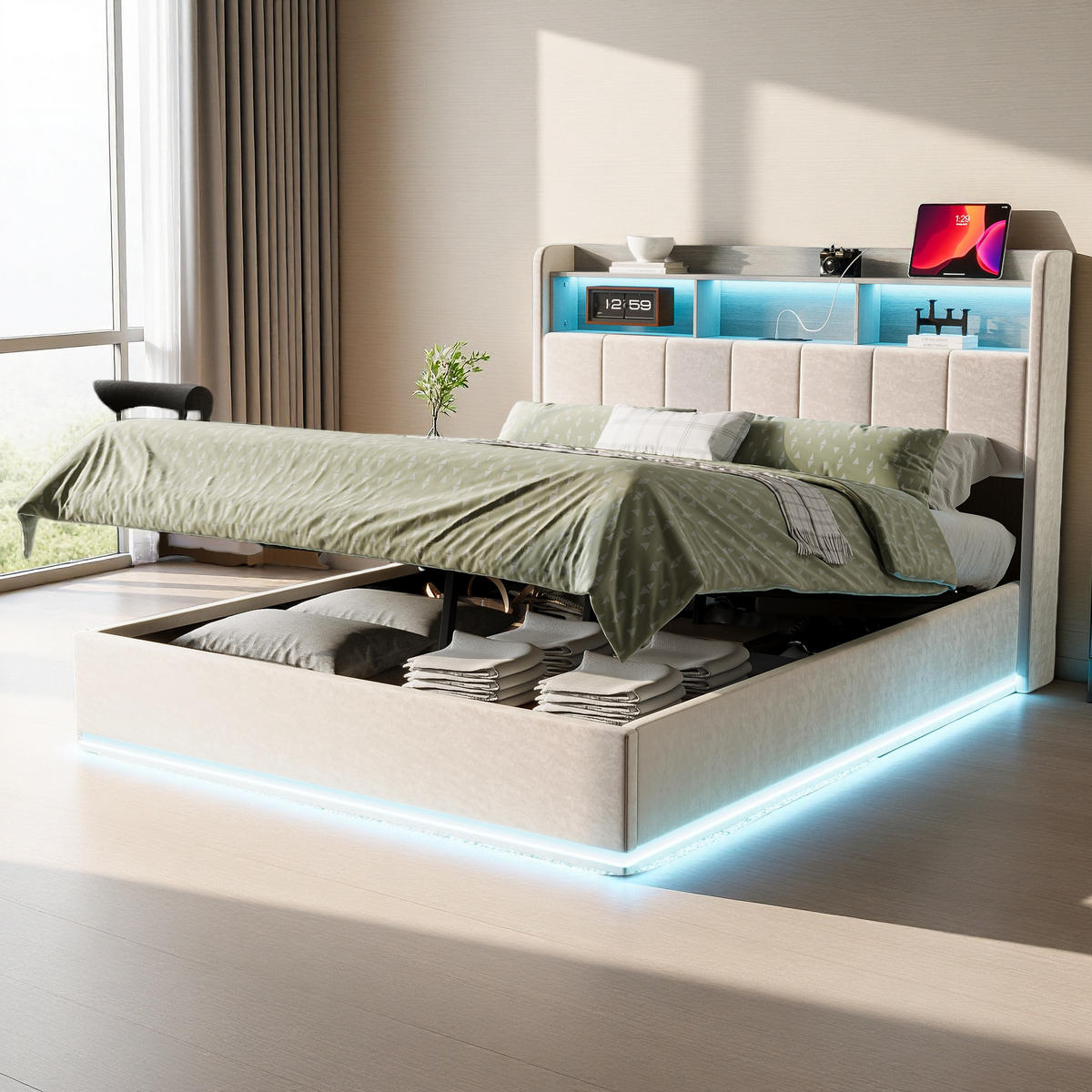 POLSTERBETT 140x200 Weiß Samt LED - Weiß, Metall (140/200cm) - SHOPENTRA