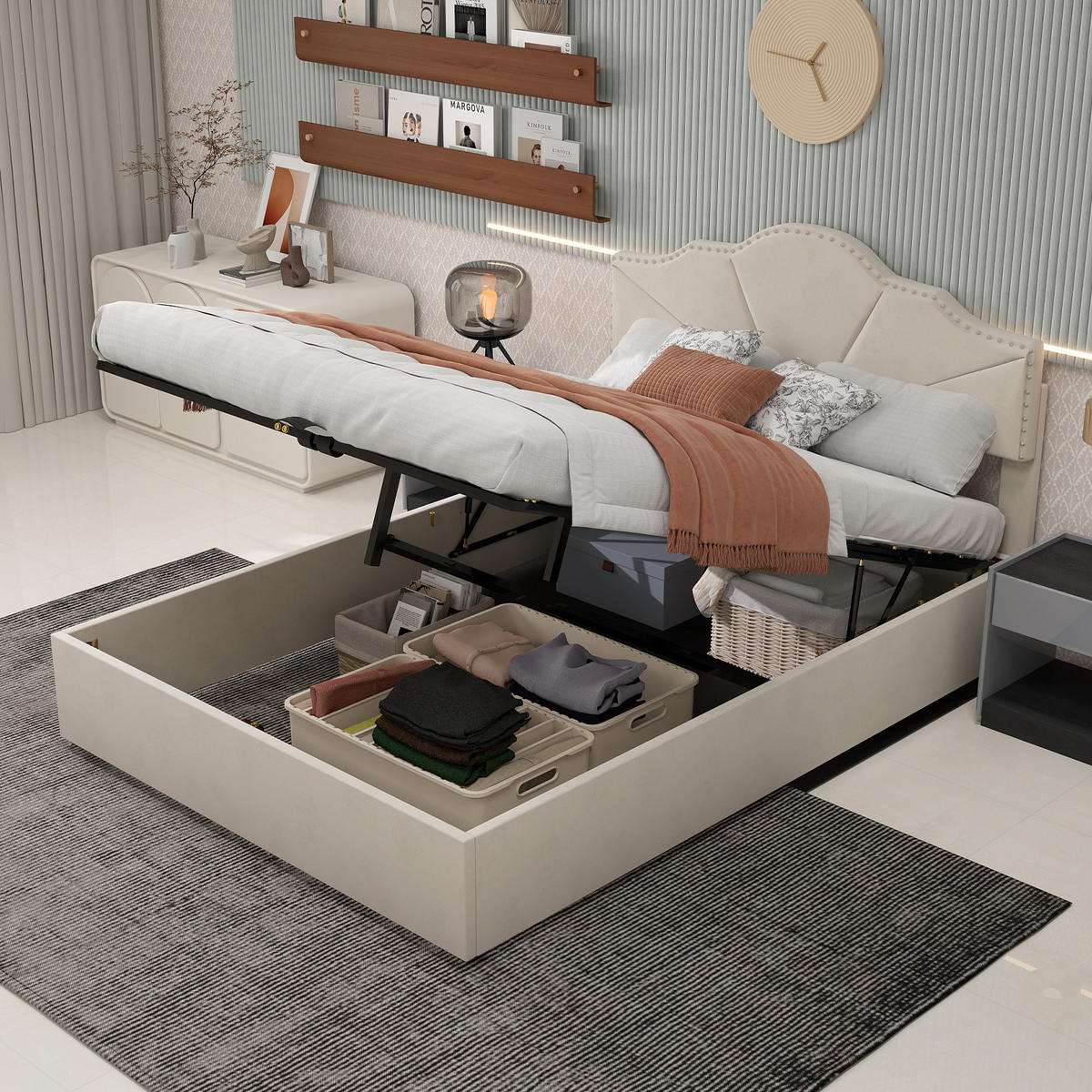 POLSTERBETT 160/200 cm in Beige Stoff mit Gepolstertem Kopfteil - Beige, Holzwerkstoff/Textil (160/200cm) - WISHDOR