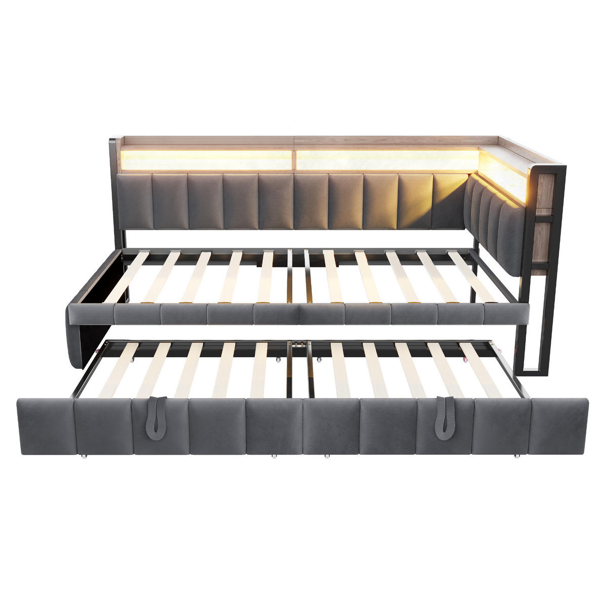 AUSZIEHBETT 90/200 cm ausziehbar mit LED und USB, DE-41717, in Dunkelgrau - Grau, Metall (90/200cm) - ComfortXL