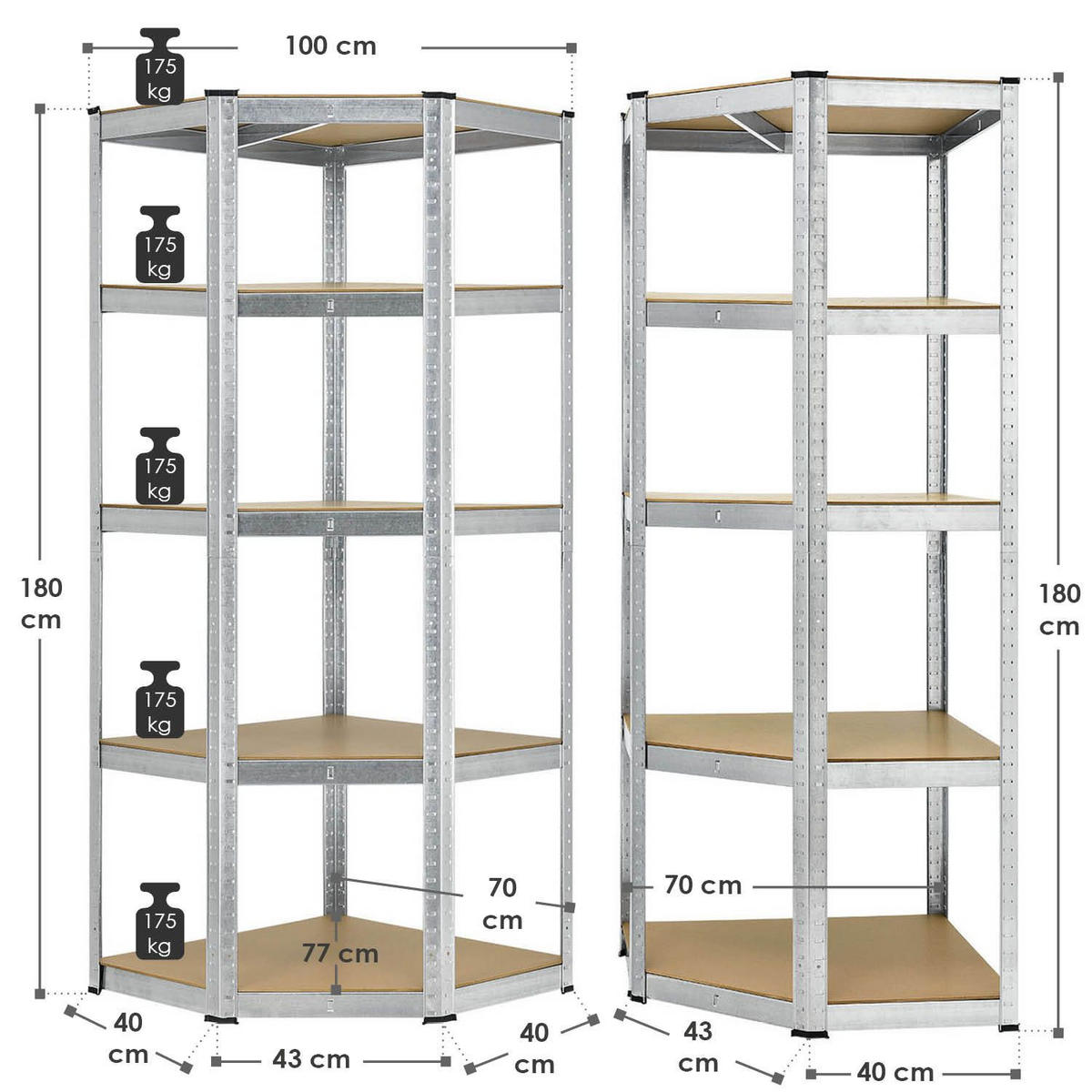 ECKREGAL Lagerregal Corner Basic verzinkt 180x70x70 cm - Silberfarben, Metall (70/180/70cm) - Juskys