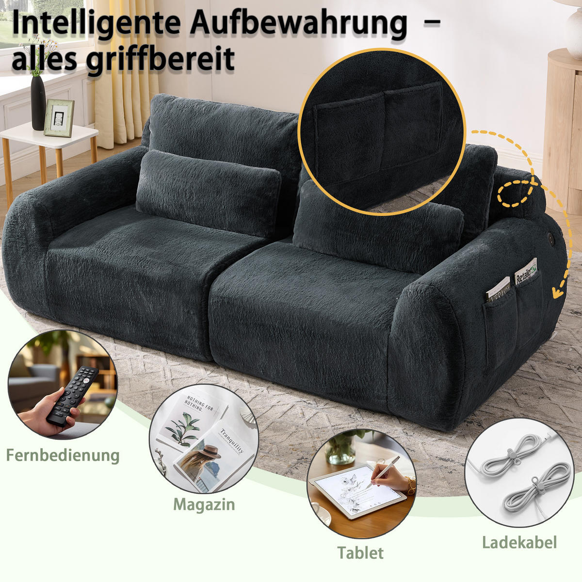 2-SITZER SOFA Kaninchenstil-Kunstfell Grau mit USB und Magazintasche - Grau, Textil (208/81/101cm) - WISHDOR