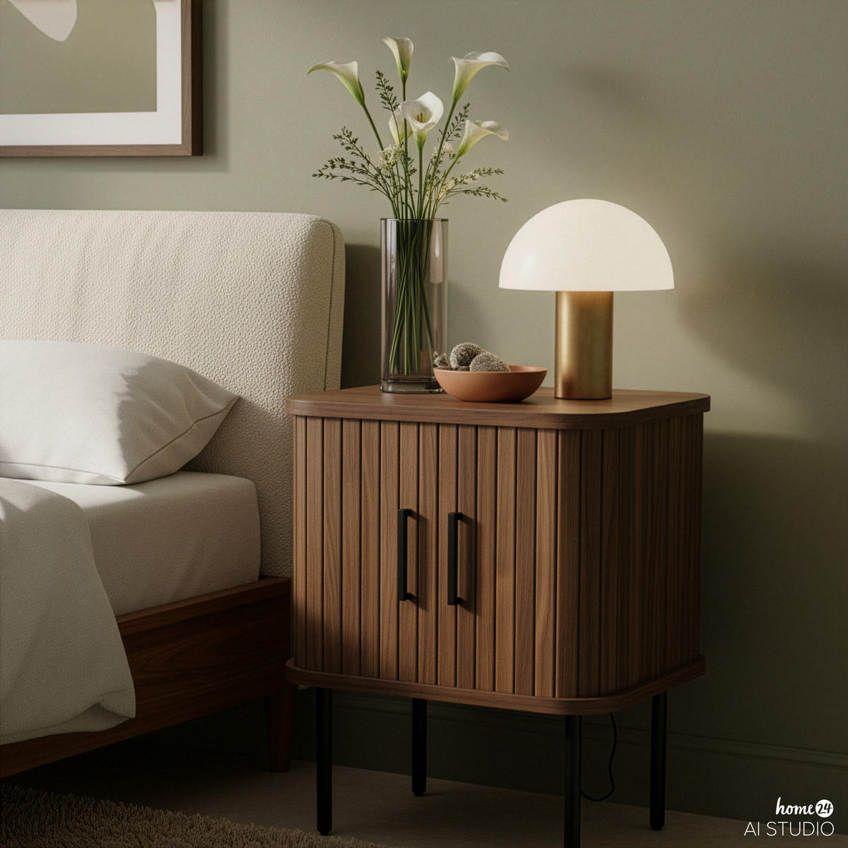 NACHTKOMMODE - MDF / Metall - Eiche - Walnussfarben/Schwarz, Holzwerkstoff/Metall (45/55/40cm) - home24