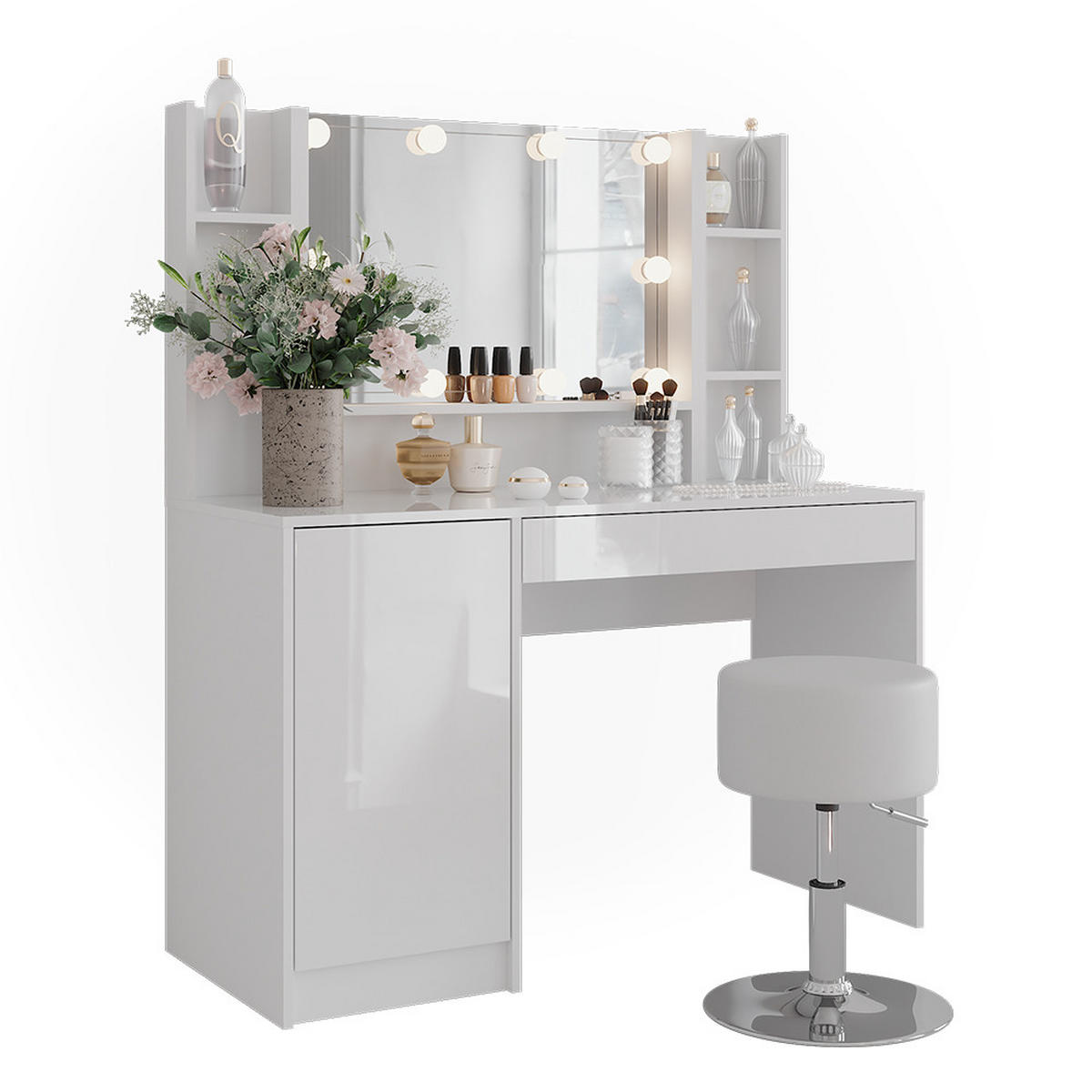 SCHMINKTISCH Sherry Weiß/Weiß Hochglanz 119.8 cm 5 Teile - Weiß Hochglanz, Holzwerkstoff (119.8/76/50.1cm) - Vicco