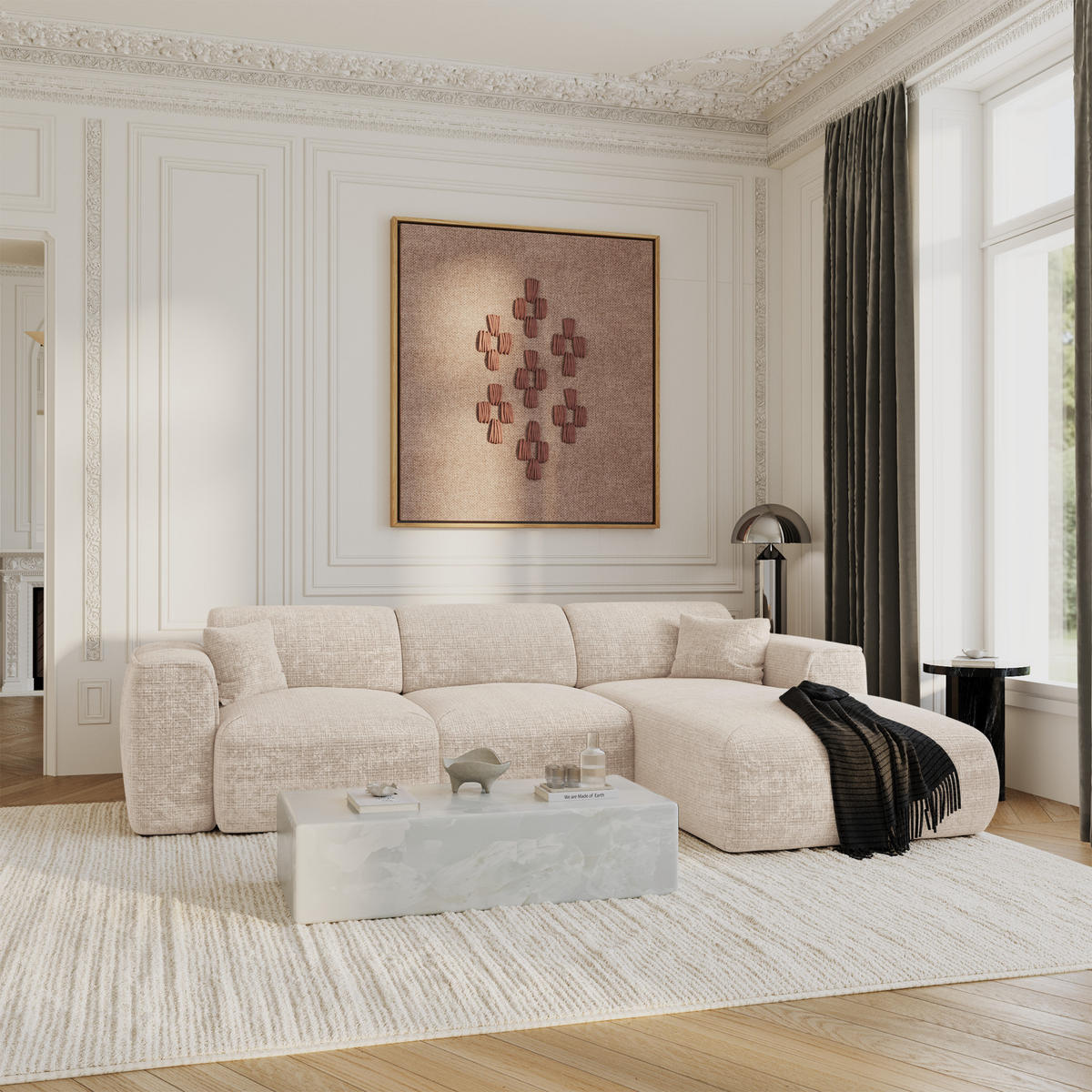 ECKSCHLAFSOFA Geprägter Samt Creme 283cm - Creme, Textil (283/180cm) - Sia Home