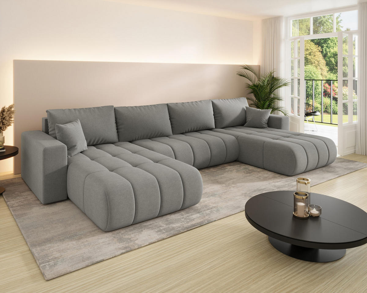 ECKSOFA mit schlaffunktion und bettkasten MILO U PREMIUM, stoff WIND, Stahl - Grau, Holz (384/190cm) - Kaiser Möbel