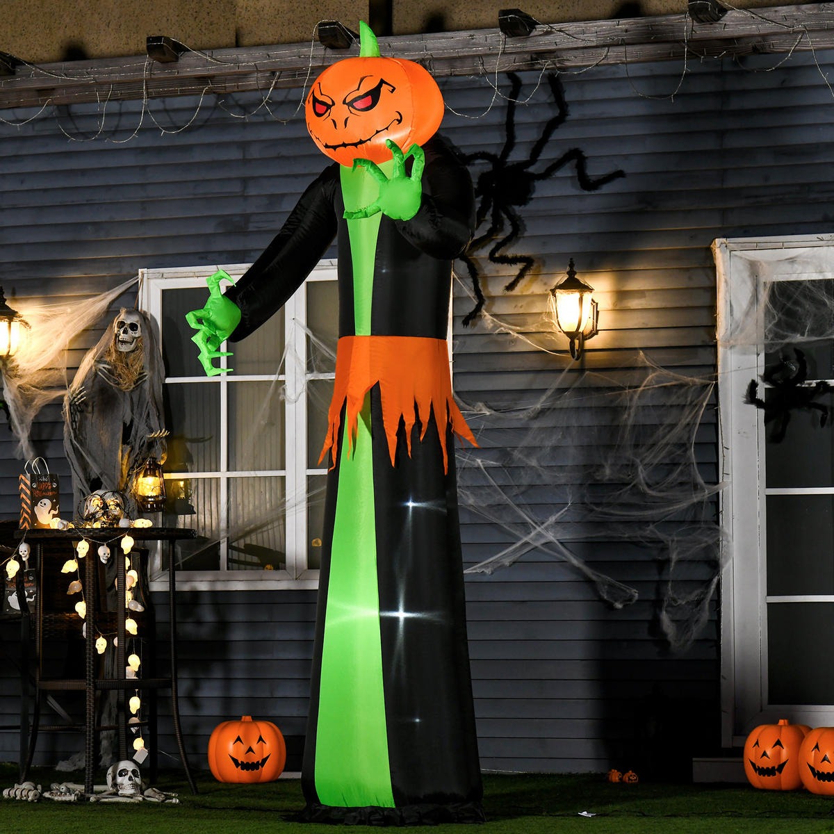 HALLOWEEN AUFBLASBARER KÜRBIS, Schwarz und grün, Polyester - Schwarz, Kunststoff (96/270/100cm) - HOMCOM