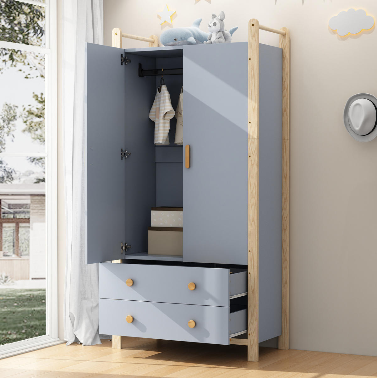 KLEIDERSCHRANK aus Kiefernholz und Spanplatte 89,6x44x180,5 cm Blau/Natur mit Kleiderstange, 2 Schubladen und platzsparendem Design - Blau, Holzwerkstoff (90/180/45cm) - Modfu