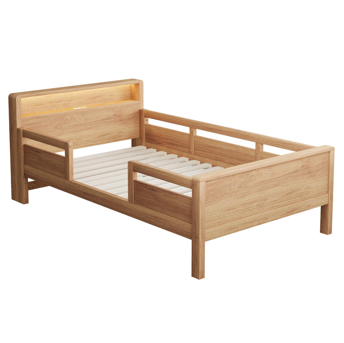 BETT 90/200 cm aus Kiefernholz mit LED, Naturholz - Naturfarben, Holz (90/200cm) - OKMYHOME