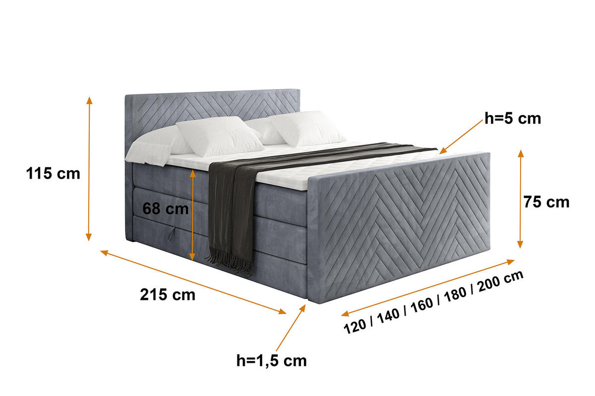 BOXSPRINGBETT mit Matratze und Lattenrost - VEXA-Z KING-160x200 - Grau Casablanca - Grau, Holzwerkstoff (160/200cm) - ALTDECOR