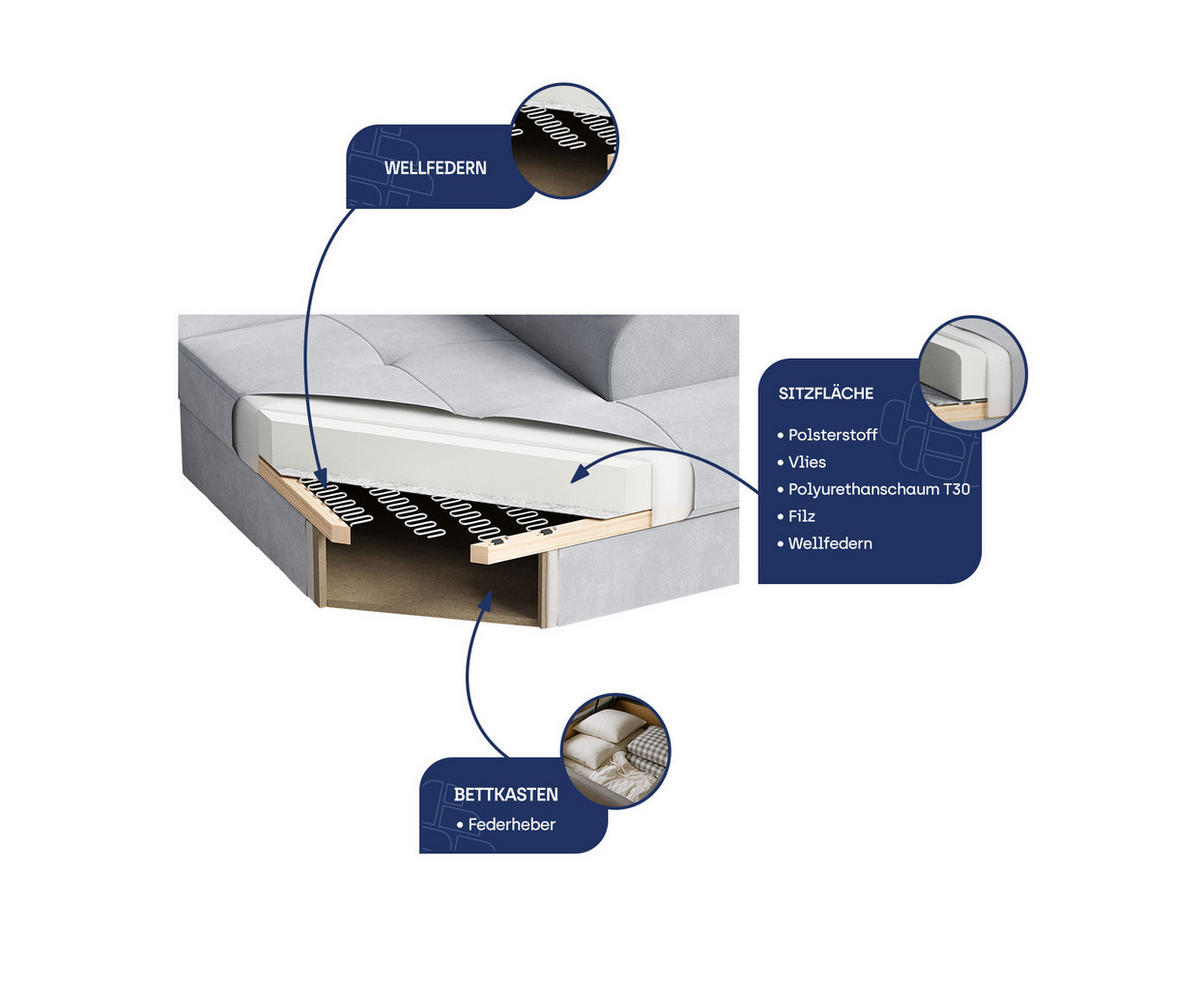 ECKSOFA NOTO R-S Schwarz Velours-Stoff mit Schlaffunktion - Schwarz, Holz (267/190cm) - MASSENO