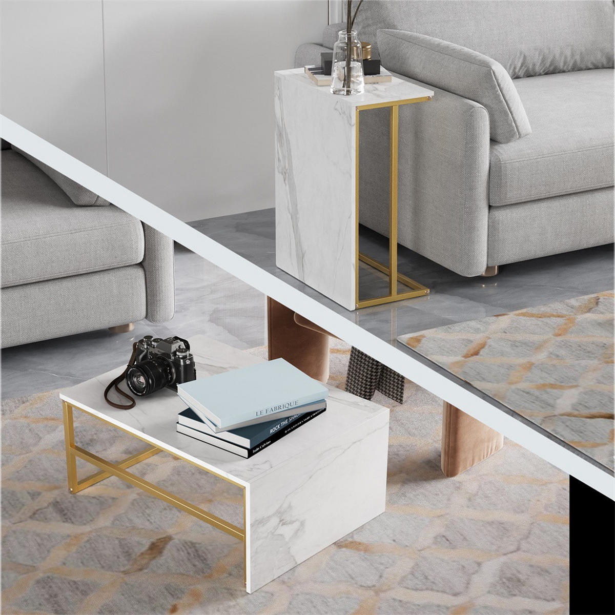 COUCHTISCH - Rechteckiger Couchtisch in Marmoroptik mit Metallgestell - Weiß und Gold - Goldfarben, Holzwerkstoff (52/105/48.5cm) - DELFA
