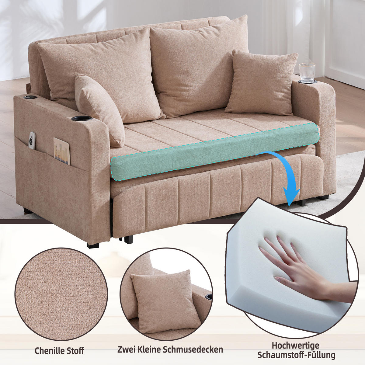SCHLAFSOFA klappbar mit USB und Getränkehaltern, Khaki - Sandfarben, Textil (139/83/73cm)