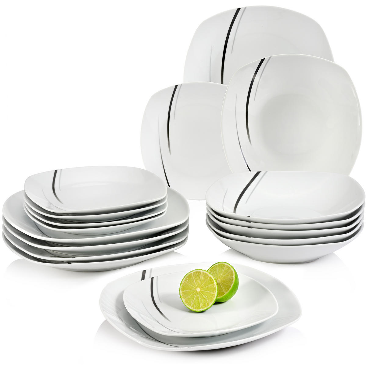 SÄNGER Porzellan Geschirrset Bilgola Black Lines,Tafelservice 36 teilig für 12 Personen - Schwarz/Weiß, Keramik (25/30/25cm) - Sänger
