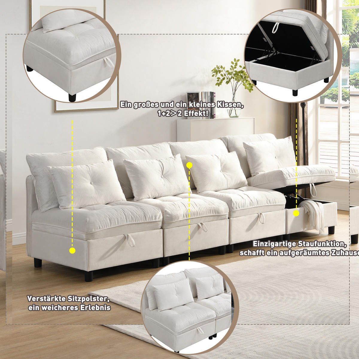SOFA 4-Sitzer Chenille mit Stauraum und Schlaffunktion Beige 274/76/87 cm - Beige, Textil (274/87/76cm) - Redom