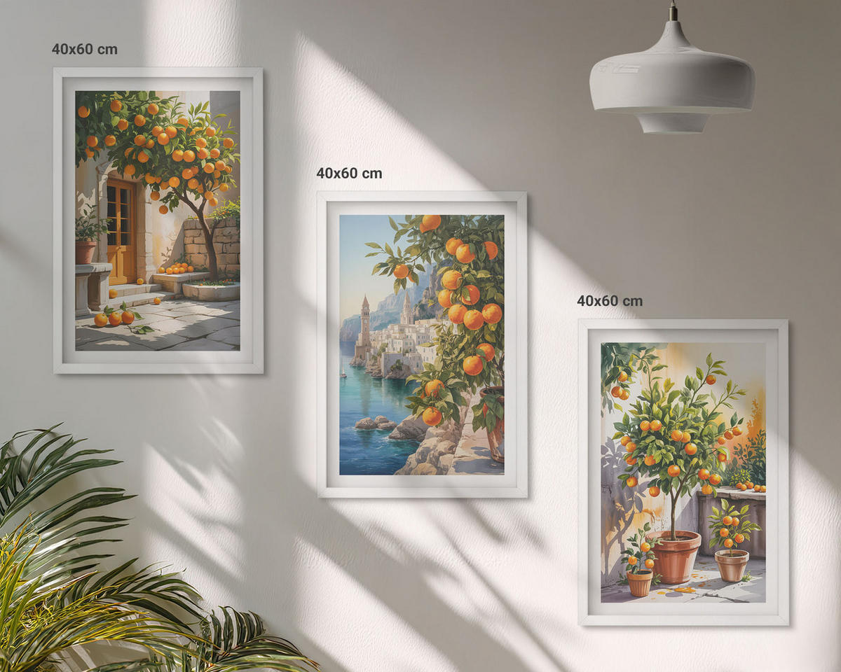 WANDBILDER 3er-Set - 40x60 cm Weißer Rahmen - Gemalte Zitruslandschaften - Weiß, Kunststoff (40/60cm) - ArtPrintCave
