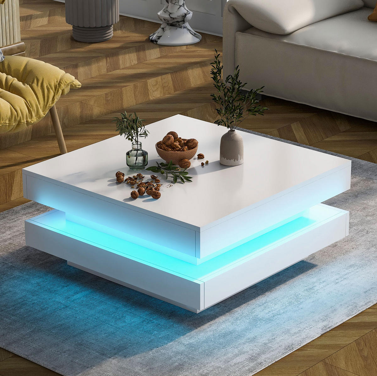 KONFERENČNÍ stolek 70/70/36 cm bílý z dřevotřísky s otočnou deskou a LED osvětlením - bílá, kompozitní dřevo (70/70/36cm) - OKWISH