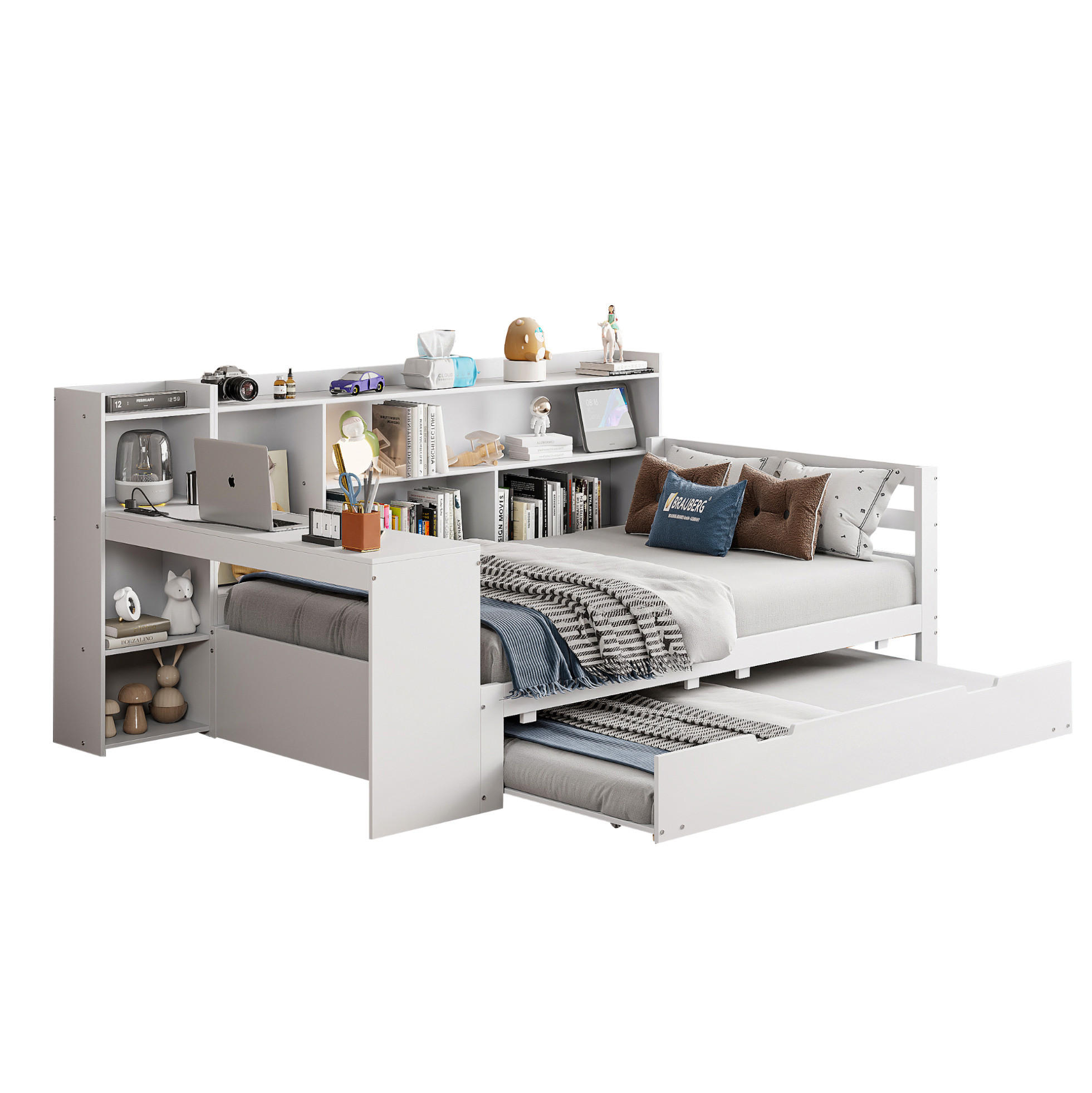 MULTIFUNKTIONSBETT 90/200 cm mit Ausziehbett, Schreibtisch, Regalen und Steckdose, Weiß - Weiß, Holzwerkstoff (90/200cm) - Redom
