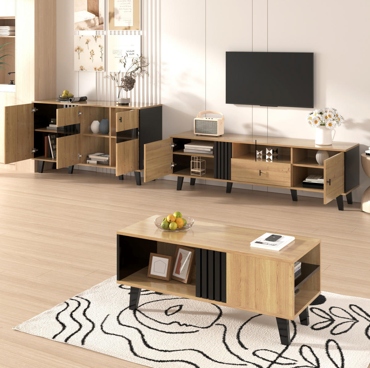 SIDEBOARD in Holzoptik und Schwarz mit 3 Türen, Glasfront und LED-Innenbeleuchtung, 140/41/78,5 cm, Holzoptik und Schwarz - Naturfarben, Holzwerkstoff (78.5/41/140cm) - Redom