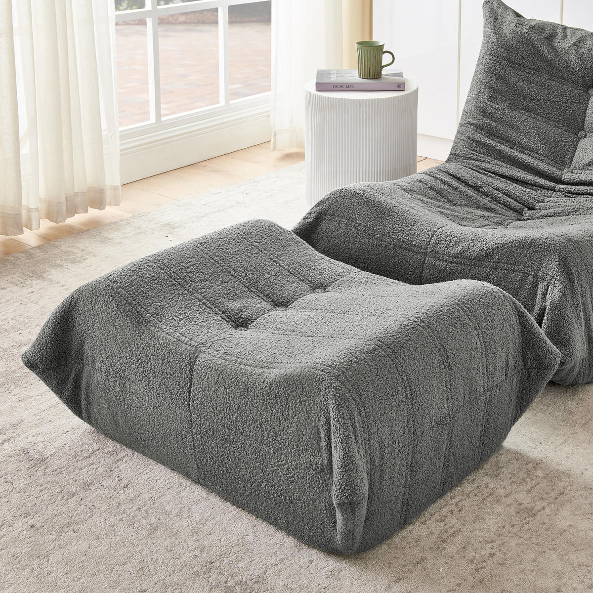 LAZY SOFA Teddyfell Optik mit Hocker weich & ergonomisch - Grau, Textil (100/70/90cm) - Urban Meuble