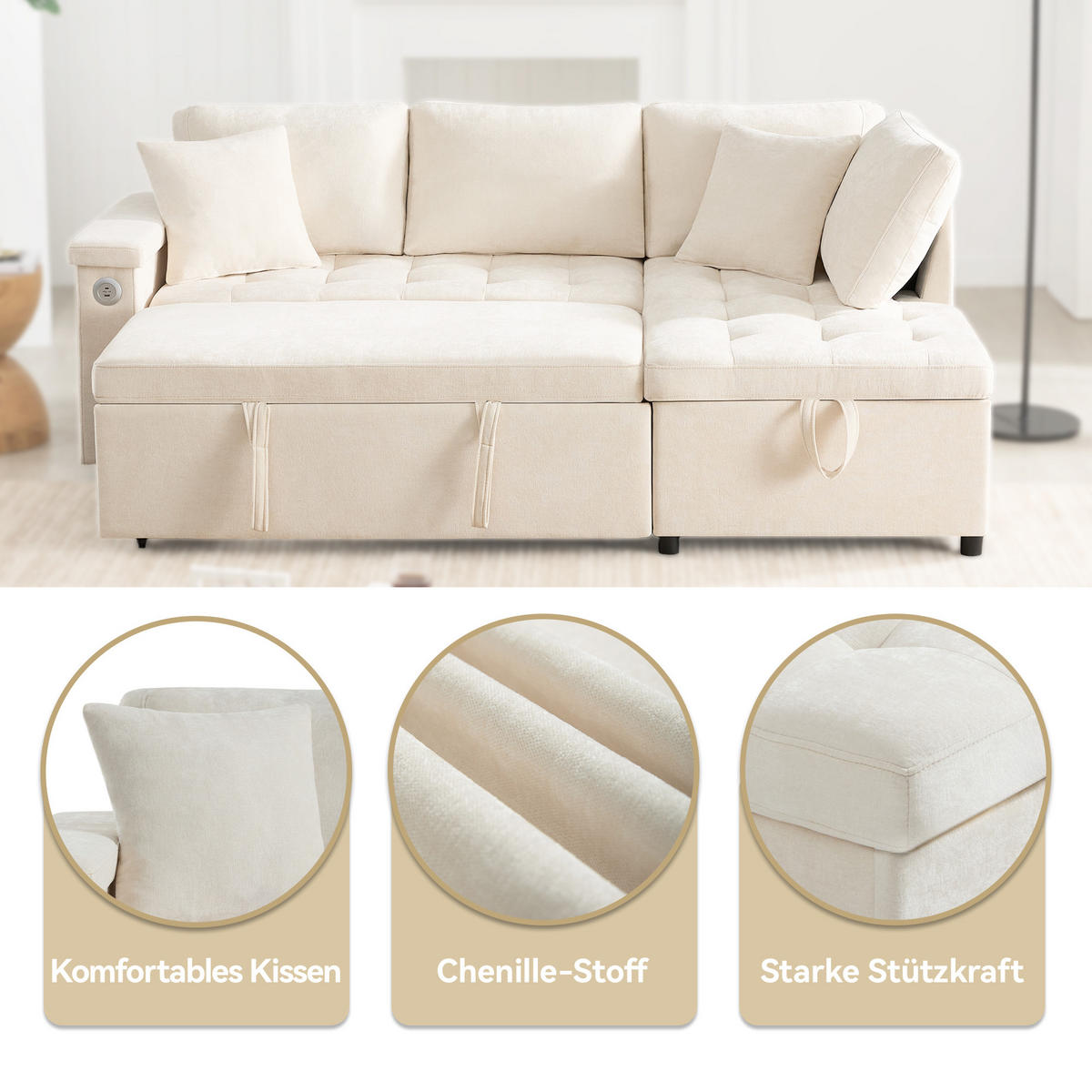 ECKSOFA rechts mit Schlaffunktion, Chenille & Stauraum, 209/130/84 cm, Beige - Beige, Textil (130/209cm) - Redom