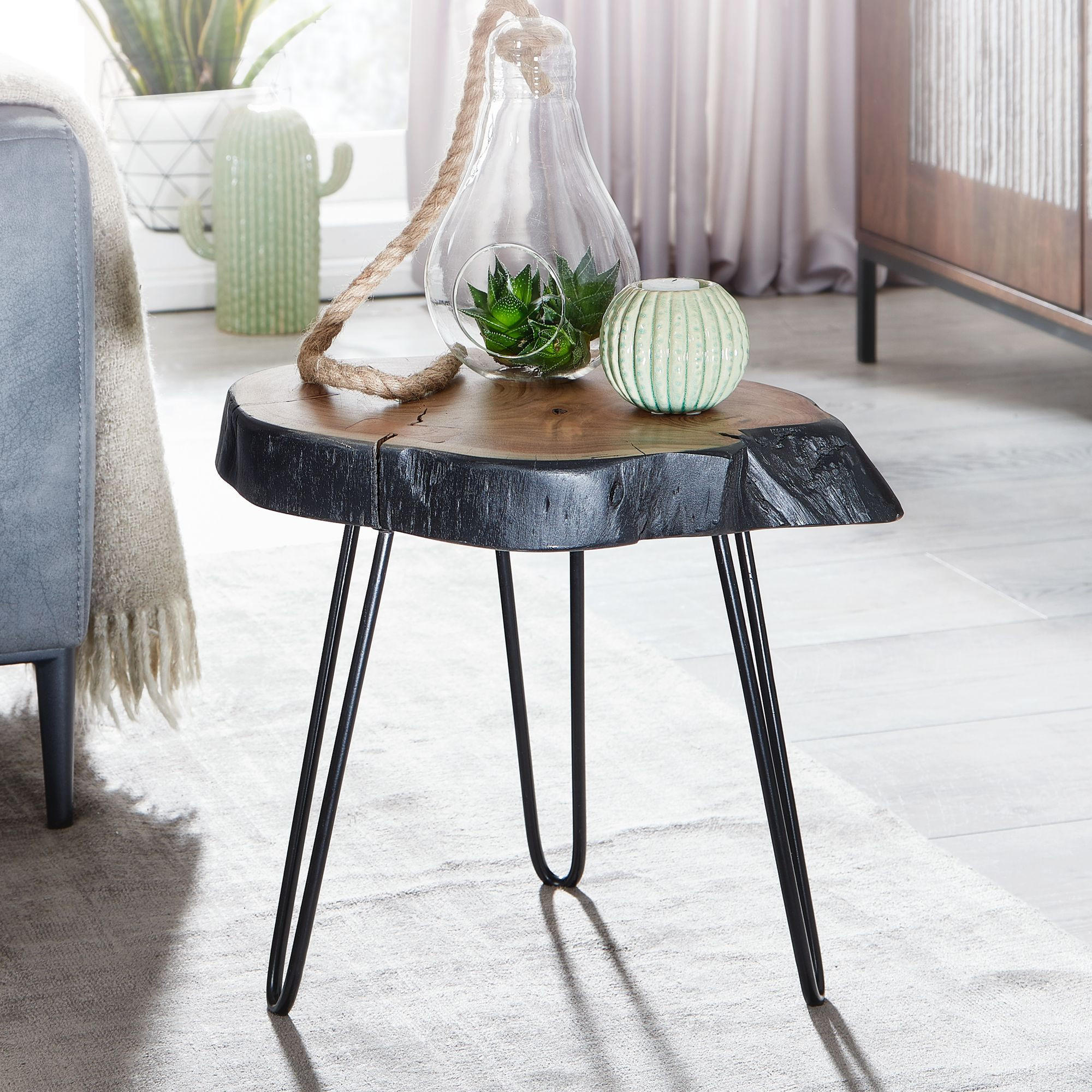BEISTELLTISCH – Massivholz Natur Baumkante handgefertigt Industrial - Beige/Schwarz, Holz/Metall (32/40/40cm) - KADIMA DESIGN