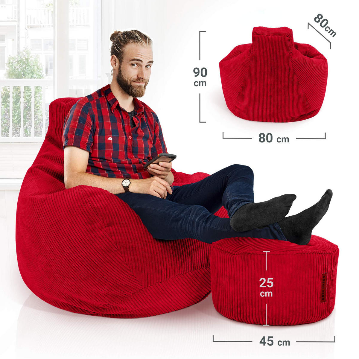LOUNGE-SITZSACK Cozy + Fußhocker - Rot, Textil (80/90/90cm) - Green Bean