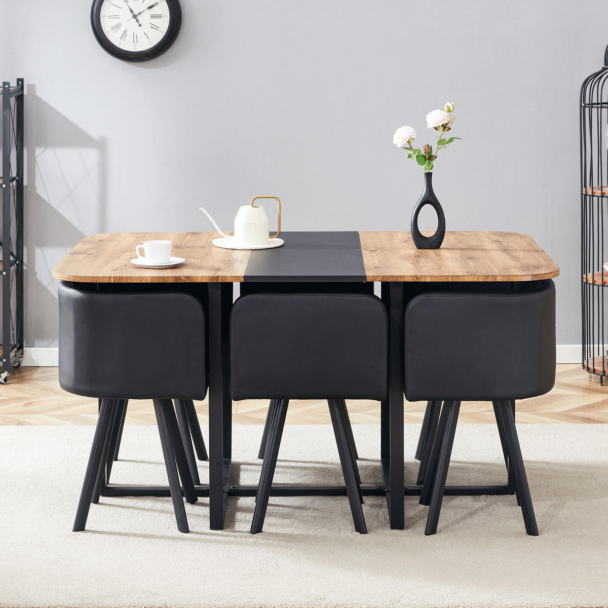 ESSTISCH-SET ausziehbar für 4-6 Personen MDF/Metall Schwarz/Natur 3-tlg. - Schwarz, Metall (100/79/150cm) - Meubliv