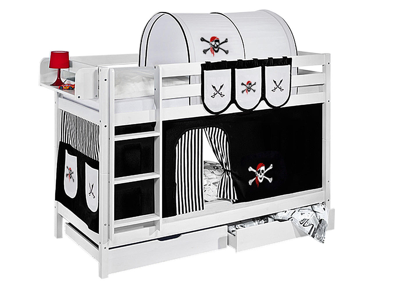 ETAGENBETT JELLE 90x190 cm Pirat schwarz gestreift - Hochbett - inkl. Vorhang und 2 Lattenrosten - Weiß, Holz - Lilokids