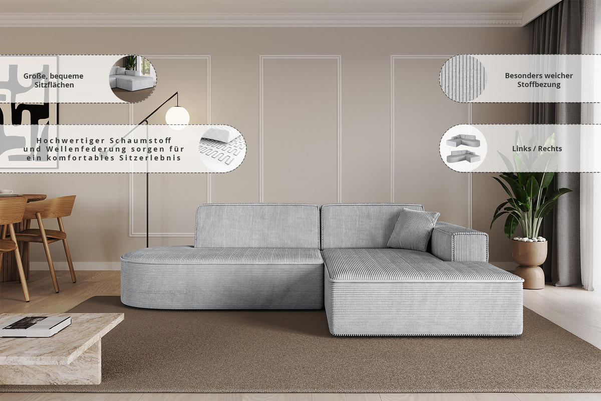 ECKSOFA Ottomane Links IREA-L1-v4 - 233x165x72,5 cm Grün - Grün, Holzwerkstoff/Textil (233/165cm) - ALTDECOR