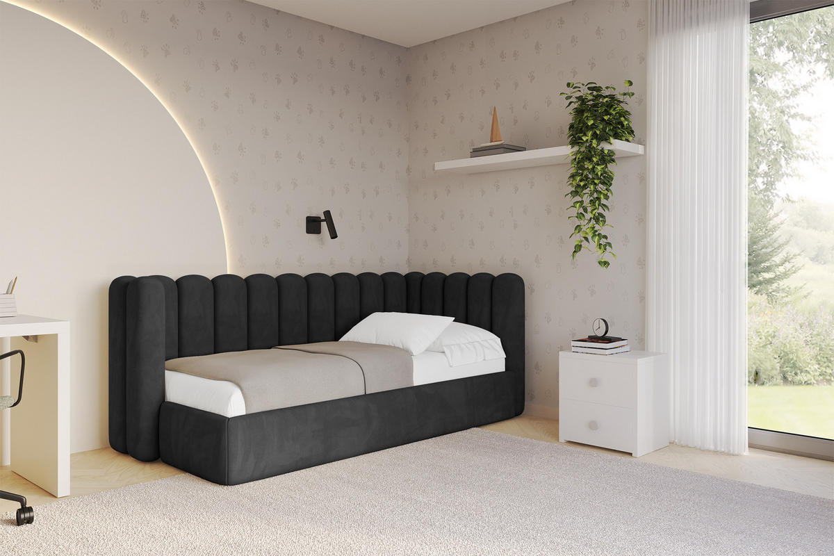 EINZELLBETT Jugendbett mit Bettkasten und Matratze H3/H4, Links - HUGY 100x200 Schwarz - Schwarz, Holzwerkstoff/Textil (100/200cm) - ALTDECOR