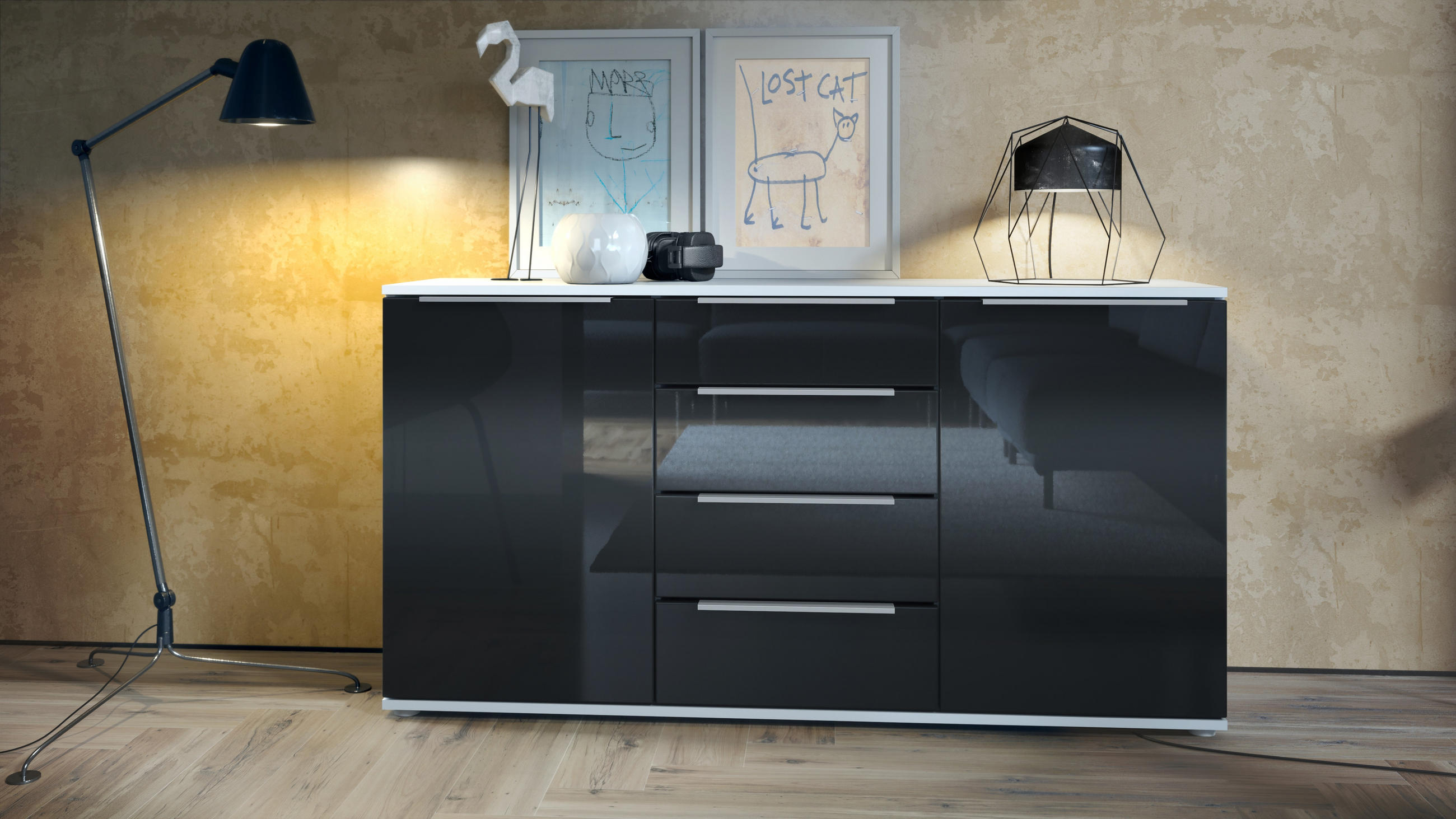 SIDEBOARD Porto Schwarz Hochglanz - Schwarz Hochglanz, Holzwerkstoff (139/72.5/35cm) - Vladon