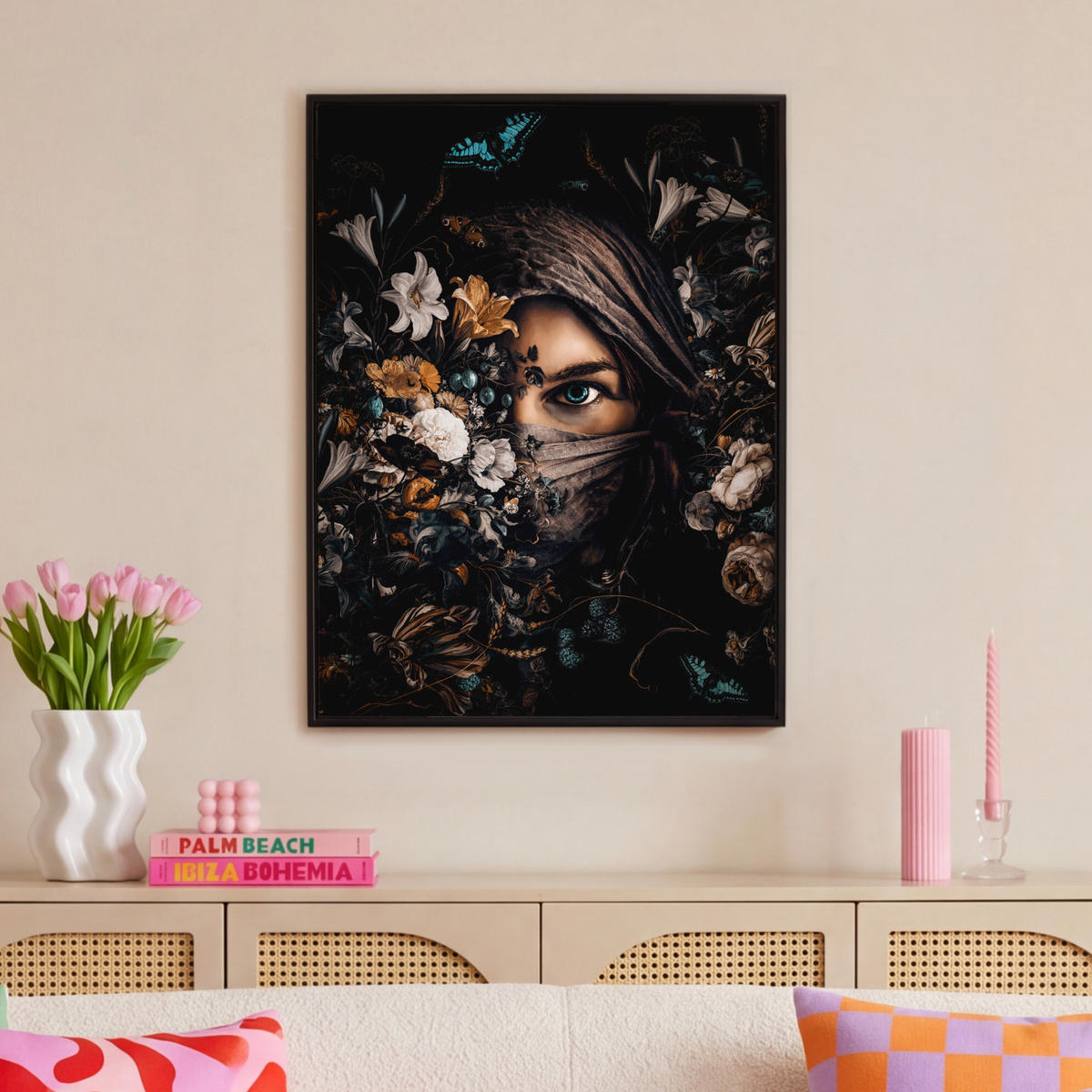 LEINWAND Bilder mit Rahmen - Frau - Luxus - Blumen - Schmetterling - Porträt - 70x100 - Schwarz, Textil (70/100cm) - MuchoWow
