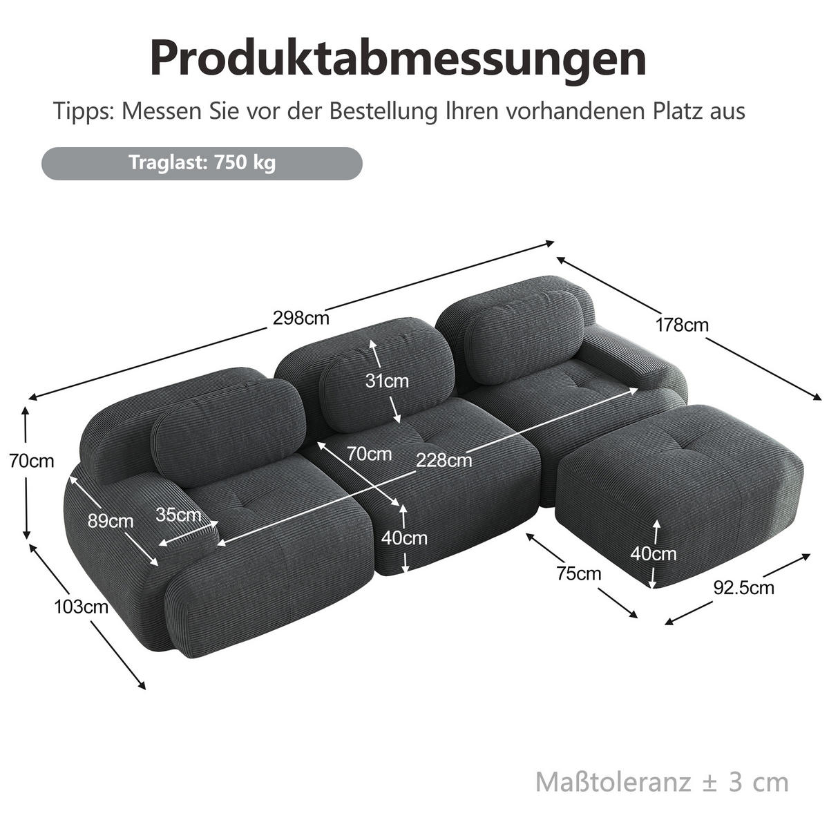 ECKSOFA DE-34025 modular 3-Sitzer Grau - Grau, Textil (178/298cm) - ComfortXL