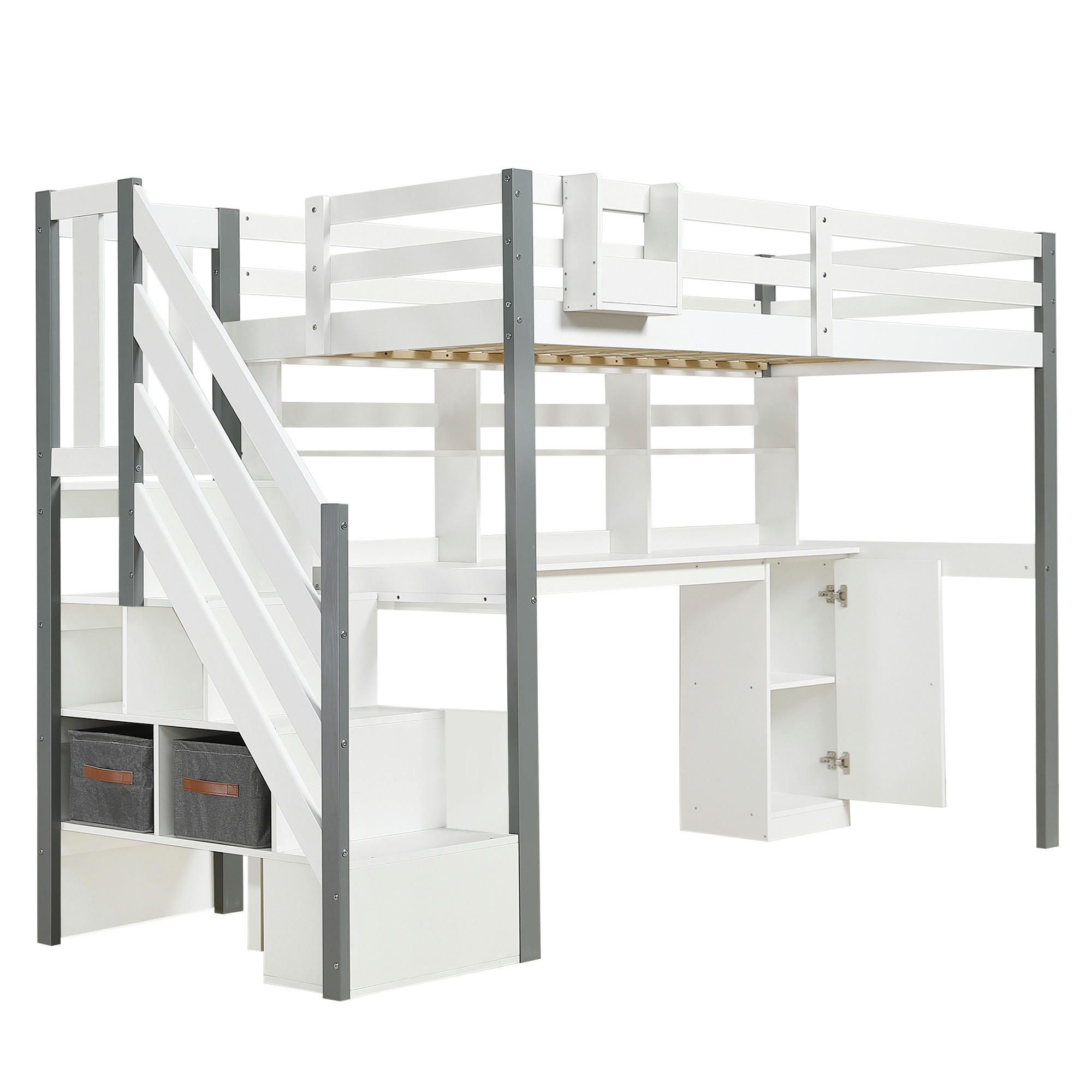 HOCHBETT 90/200 cm DE-02279, in Weiß, mit Schreibtisch, Schließfächern und Stoffboxen - Weiß, Holz/Holzwerkstoff (90/200cm) - ComfortXL