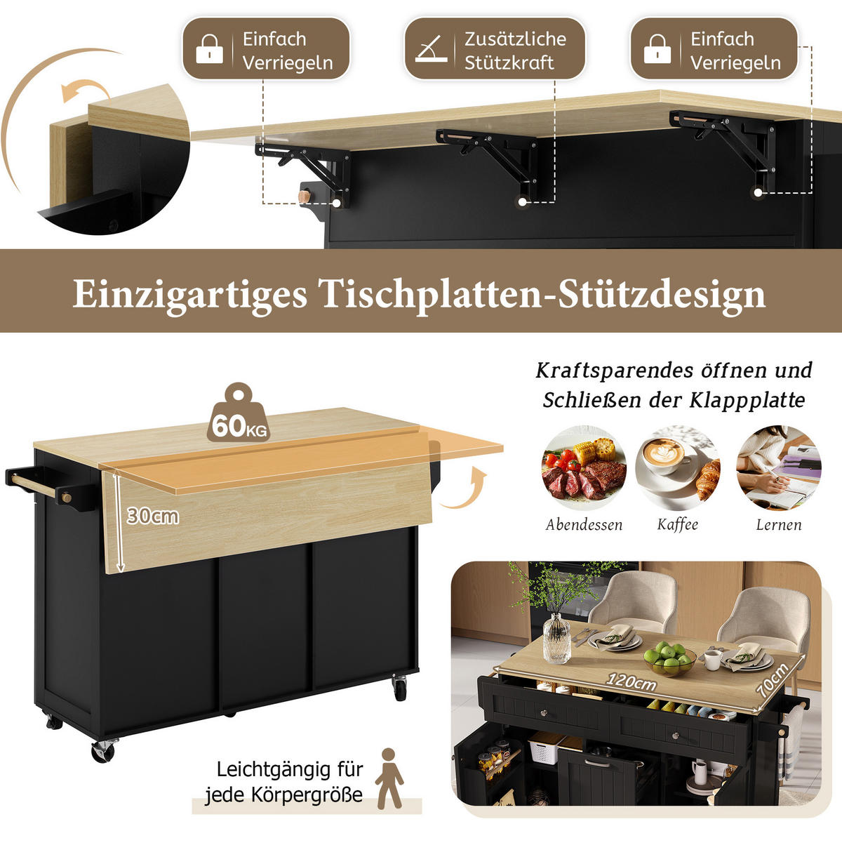 KÜCHENINSEL 140/40-70/92 cm aus MDF mit ausziehbarer Arbeitsplatte Schwarz/Natur - Schwarz, Holzwerkstoff (140/92/70cm) - Modenvie
