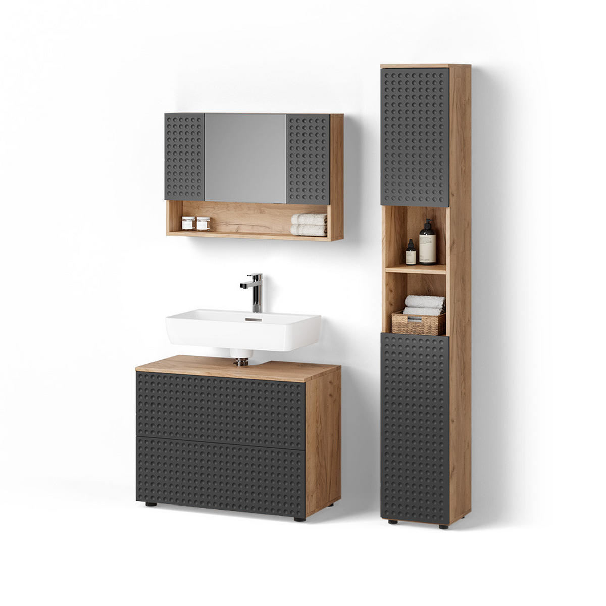 BADMÖBEL-SET Ronco Anthrazit gepunktet 3 Teile, mit Spiegelschrank 80 cm - Eichefarben/Anthrazit, Holzwerkstoff (80/58/41cm) - Livinity®