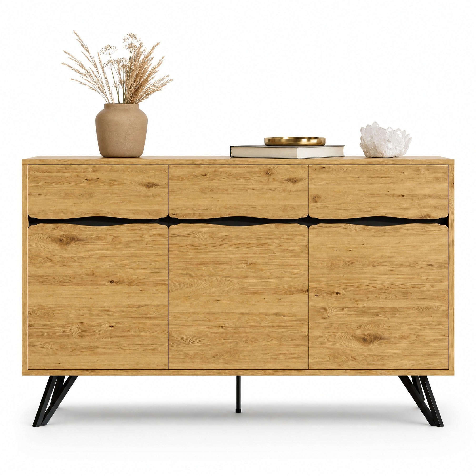 SIDEBOARD in Holzoptik Anrichte mit Metallbeinen für Wohnzimmer und Esszimmer, B140/T40/H75.5 cm - Schwarz/Naturfarben, Holzwerkstoff/Metall (140/75.5/40cm) - STILVORA